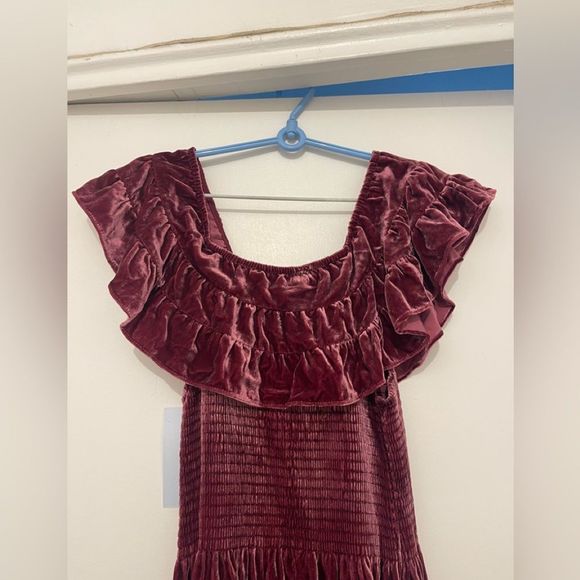 NWT Hill House Women's The Akilah Nap Midi Ruffle Dress Burgundy Velvet - Picture 9 of 14